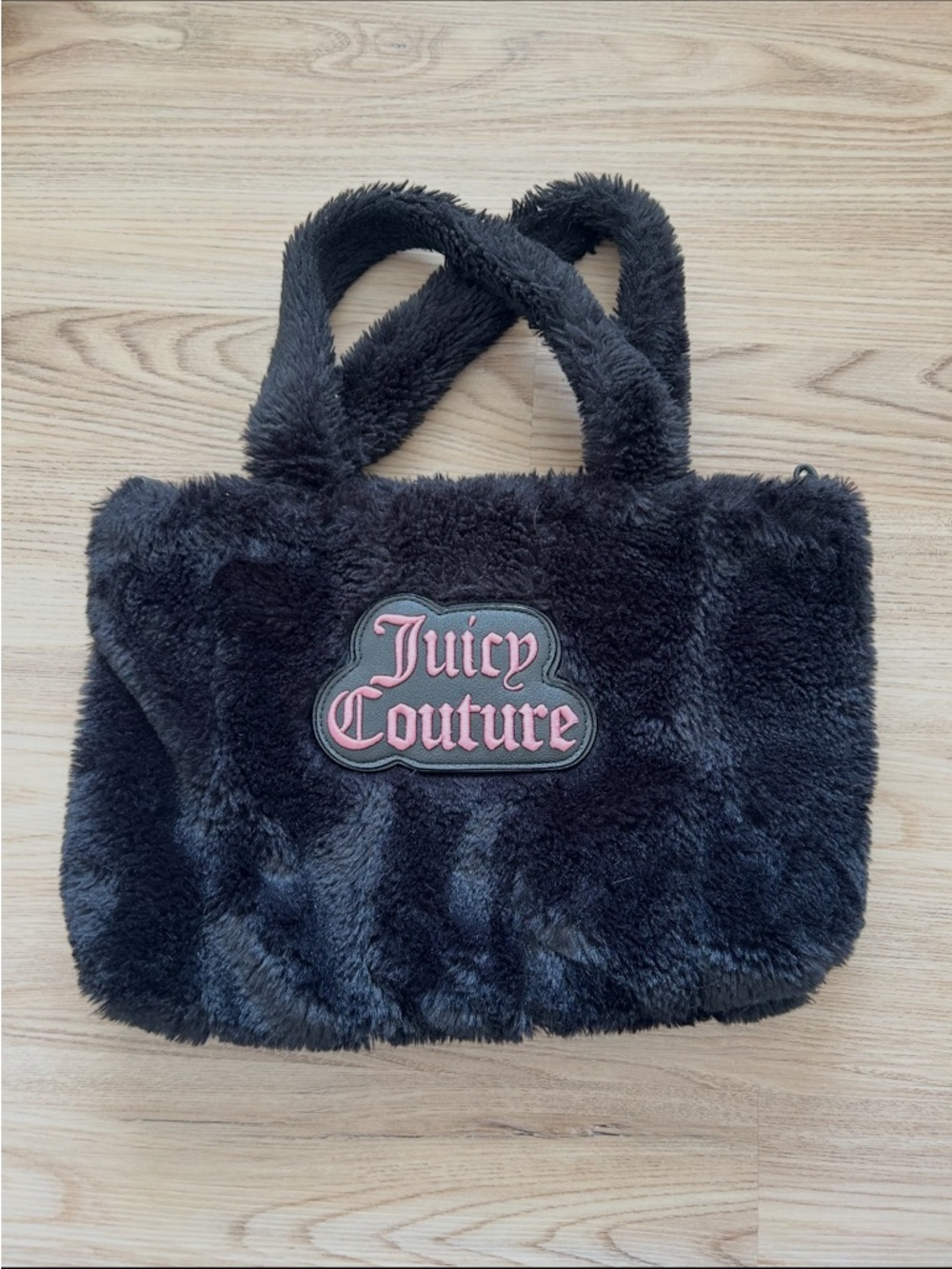 Juicy Couture Black Faux Fur Tote with Pink Logo Patch